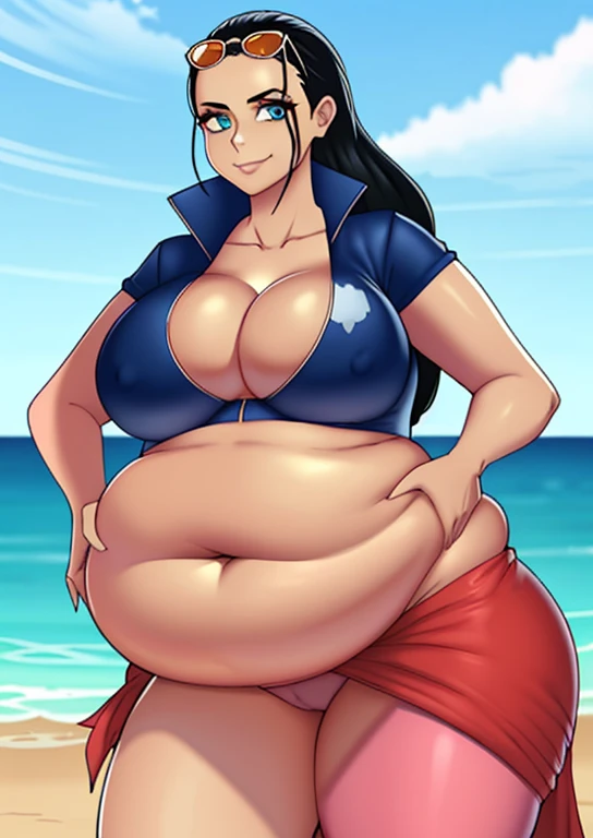 art by kipteitei, 1girl, nico robin, aqua eyes, black hair, breasts, cleavage, closed mouth, collared jacket, cowboy shot, crop top, cropped jacket, eyewear on top of head, hair slicked back, hand up, high collar, jacket, big breasts, long hair, looking at viewer, midriff, fat belly, round belly, soft belly, thick thighs, navel, plunging neckline, pose, sarong, short sleeves, smile, solo, standing , stomach, sunglasses, very long hair, outdoors, sea, ships, chubby (best quality, masterpiece, 4K, 8k)