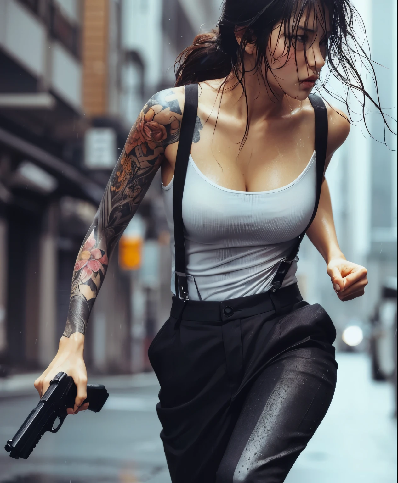 Photoreal、realistic skin texture、tattoo、gun、scratch、Blood、rain、Wet expression