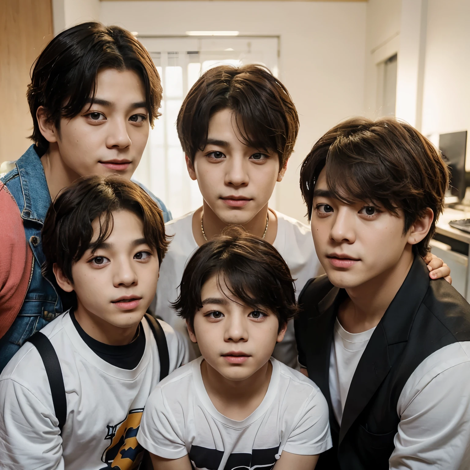 Create a photo of bTS's Taehyung and bTS's Jungkook with two boys as their children
