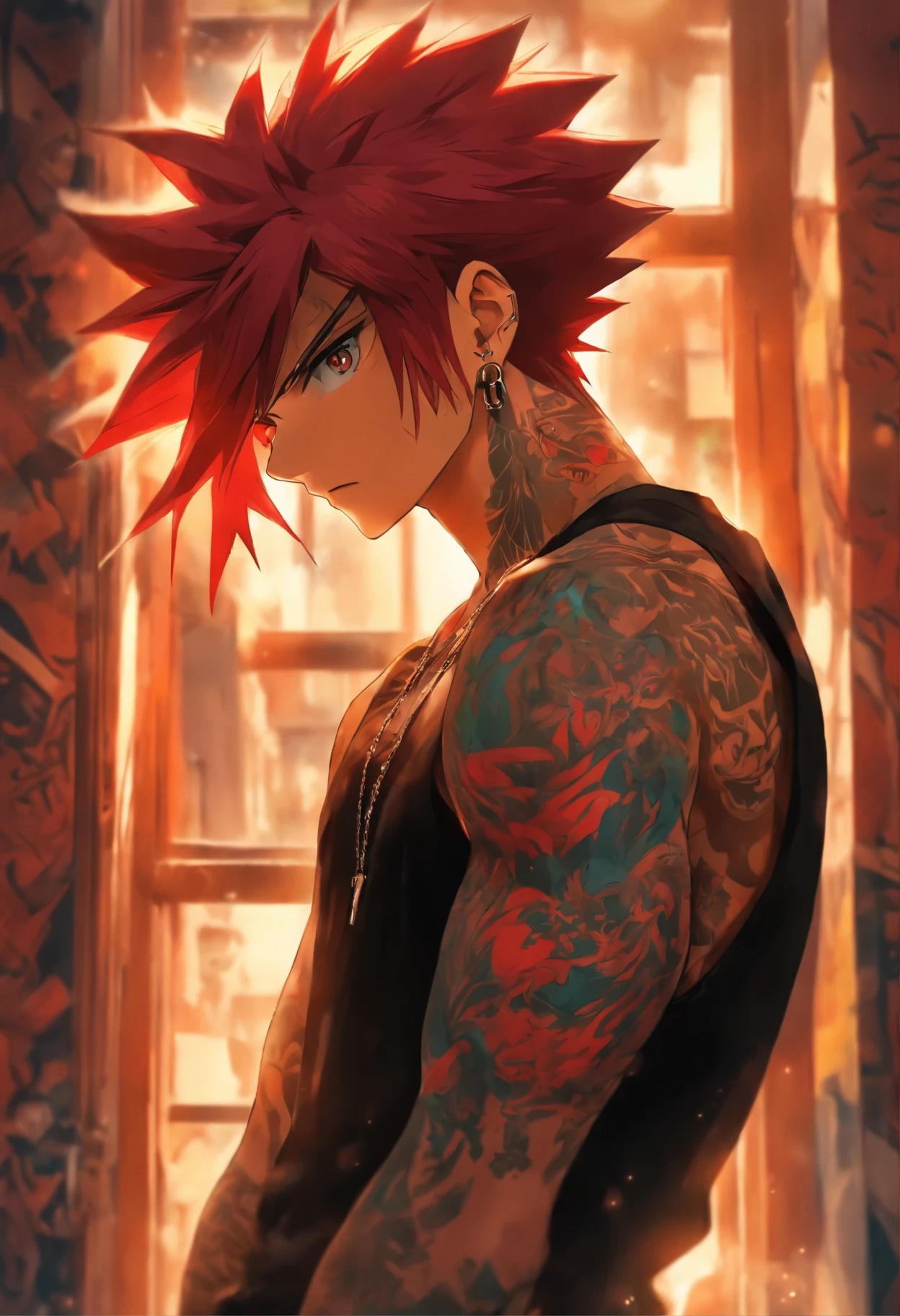 (best quality,highres),1man,tattooed,20s,crimson hair,black tank top,window in the background
