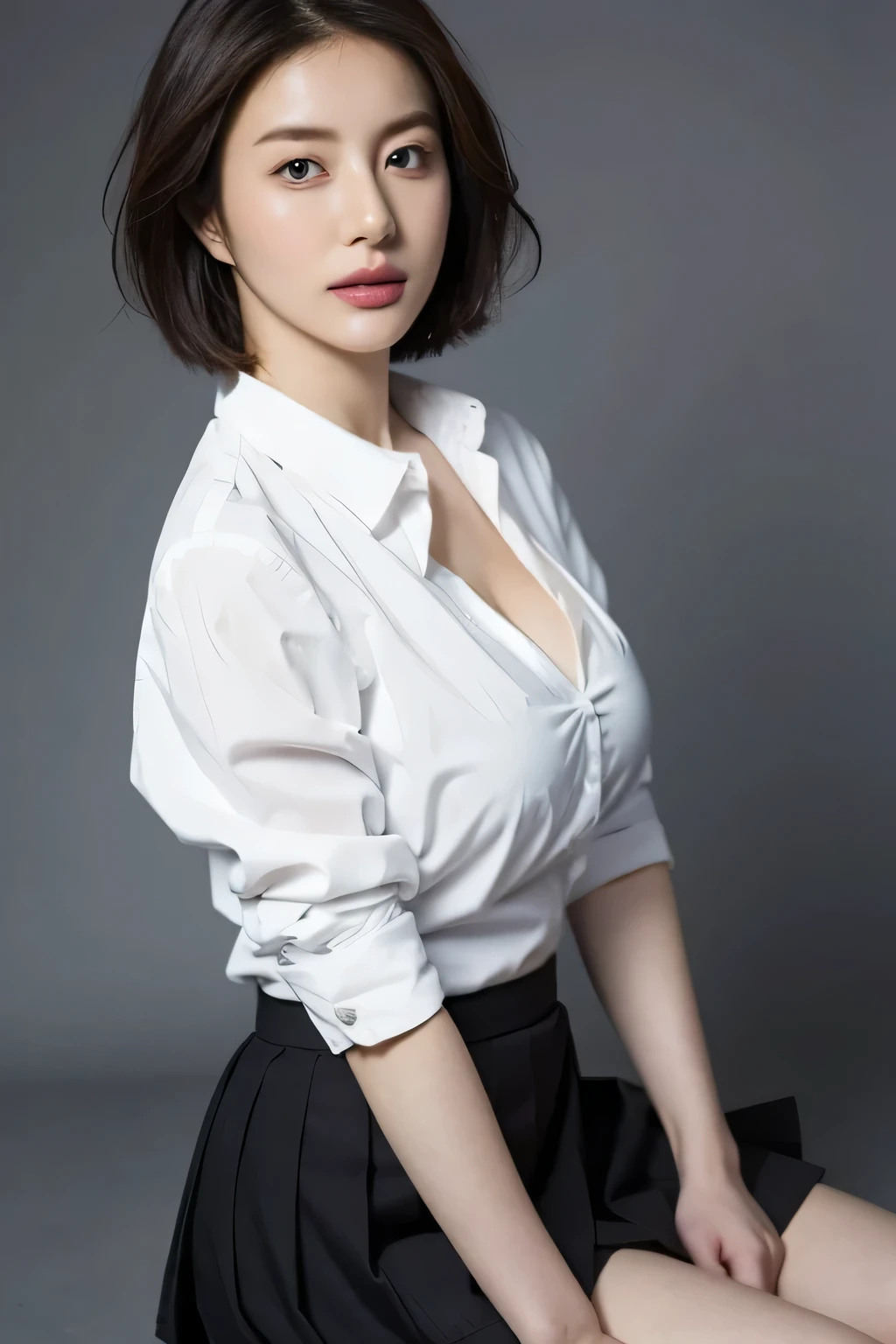 (highest quality,8K,masterpiece),studio photography,gray background,Low - Angle,
Very beautiful Japan models,fine skin,realistic skin, lip gloss,rouge,
very short hair,pixie cut,look at the audience,bewitching look,
School_uniform, 大き目のイヤリング
big breasts,thighs,
JK uniform,silor uniform,skirt, white shirt, big breasts,emphasize cleavage,