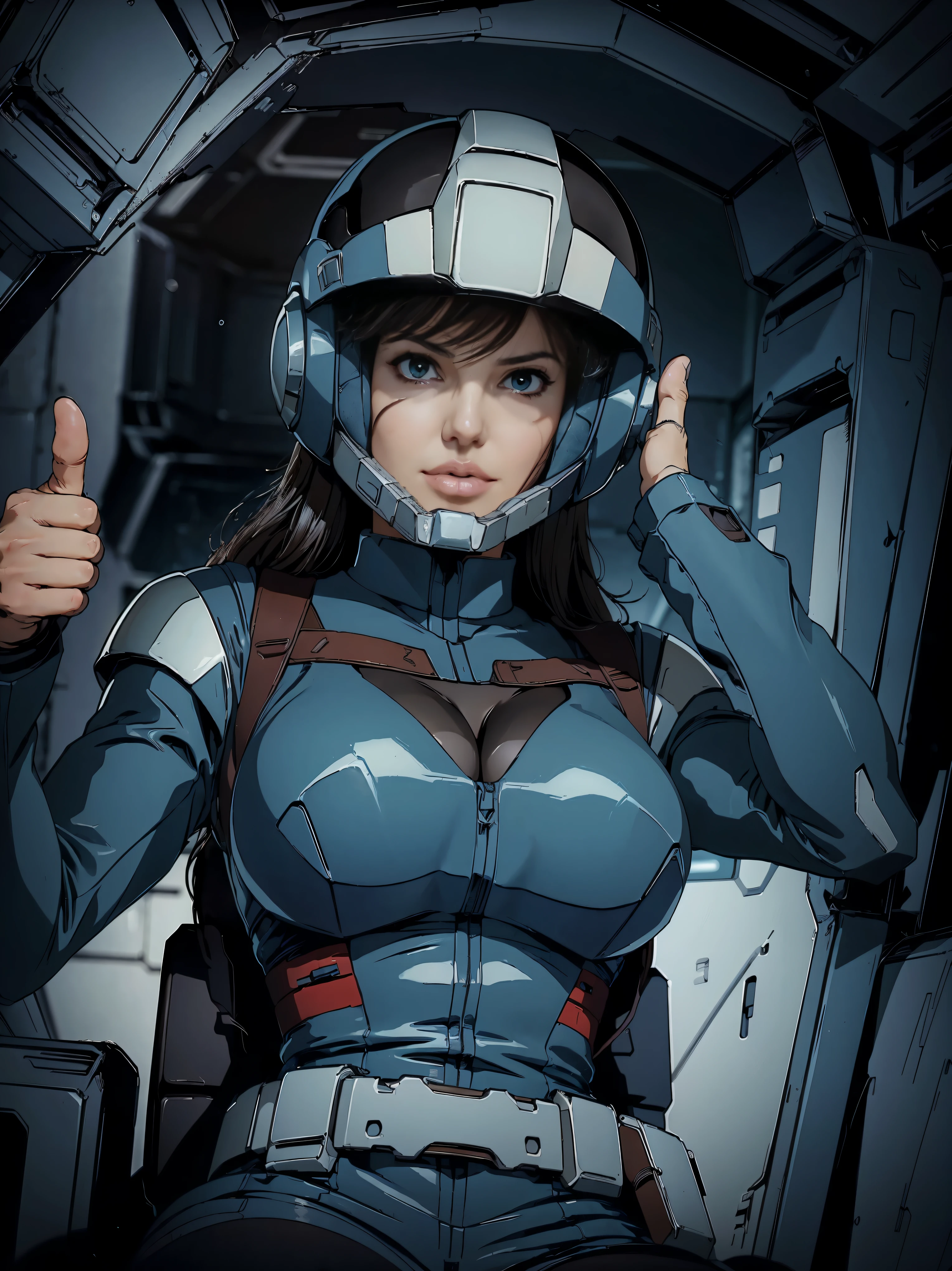 (((masterpiece,highest quality,In 8K,Super detailed,High resolution,anime style,absolutely))),A female Earth Federation Forces pilot sits in the cockpit of a mobile suit..,(alone:1.5),(Angelina jolie:1.5),(((front:1.4))),((seriously:1.5)),(((good:1.5))),(((The background is the cockpit of a dark mobile suit..:1.5))),((blur background:1.5)),(Wearing a pilot suit:1.5),((Wearing a full-face helmet:1.5)),(Beautiful woman:1.5),(Detailed facial depiction:1.5),(big breasts:1.3),(wallpaper:1.5),(from below:1.5)