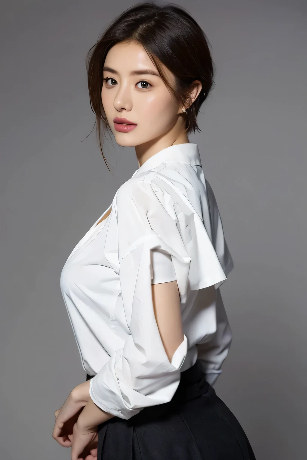 (highest quality,8K,masterpiece),studio photography,gray background,Low - Angle,
Very beautiful Japan models,fine skin,realistic skin, lip gloss,rouge,
very short hair,pixie cut,look at the audience,bewitching look,
big earrings,jk uniform,sailor suit,
big breasts,thighs,
jk uniform,silo uniform,skirt, white shirt, big breasts,emphasize cleavage,