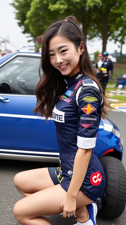 Highly detailed CG Unity 8K wallpaper, highest quality, Super detailed, masterpiece, realistic, photo realistic, Highly detailed cute girl, 25 years old, (whole bodyからつま先まで:1.4)、(whole body)、(whole body to toes)、(shot from the side)、(sitting on the hood of a car)、(lace queen)、
(Sponsored and wearing grid girl costume'logo is printed.:1.3), (shorts) , (sitting in a motorsport race), (cleavage), smile ,whole bodyショット ,(Side view)、(side shot)、(smile at the camera)、