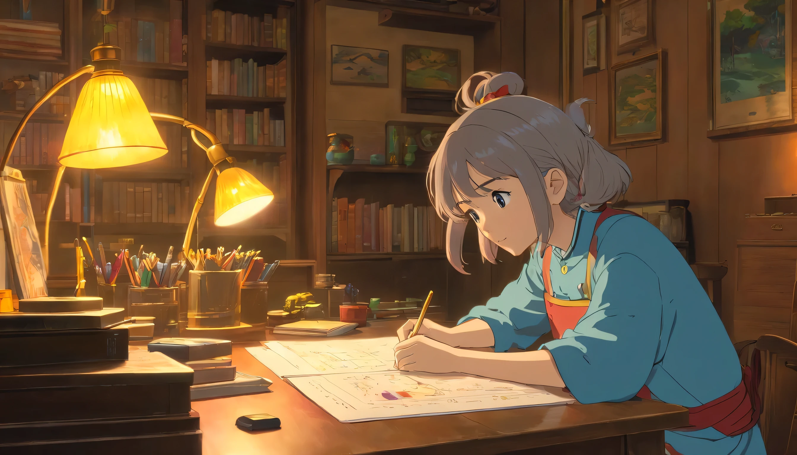 (masterpiece) girl sitting in her room and studying, very detailed顔(ultra photorealisticim，hyper detail), On his desk, With headphones on, nerd poster, radio on wall shelf, pencil on the desk, poster, Window with moon and stars, Calm, Peaceful, thought, unreal engine 5, cinematic, color grading, very detailed, Completely color-coded beauty, insanely detailed, intricate details, 美しくcolor grading, phantom engine, editorial photography , photo shoot, Photographed with a 70mm lens, Depth of bounds written, degrees of freedom, 32K, super resolution