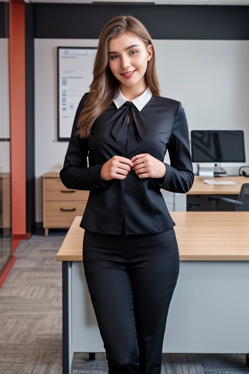 A very beautiful Russian girl in formal clothes smiles while working in a modern office, ultra realistic 8k