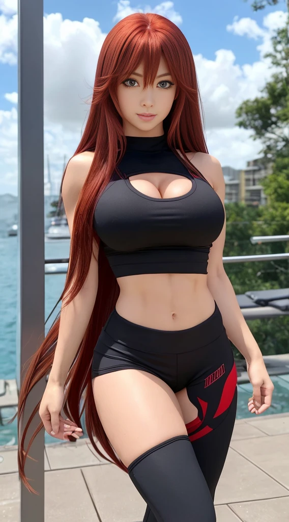 Rias Gremory, six-pack abs, arm muscles,Long hair, BLCK Sport Good, red hair, ahoge, blue eyes, large breasts, extra very long hair,big breastes, Color Sports Leggings, huge ahoge, Standing, Gym, the perfect body, perfect abs, A perfect chest