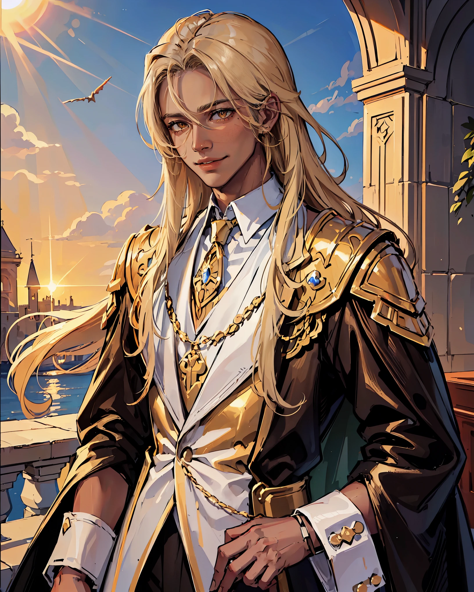 (masterpiece, best quality), solo, ((male)), (handsome), ((dark skin)), gentle, charming, smiling, heliodor, long blonde hair, yellow eyes gleam with confidence. The outfit, blending blue tones and subtle golden accents, sun, sun rays, sky, sunset, intricate details, upper body