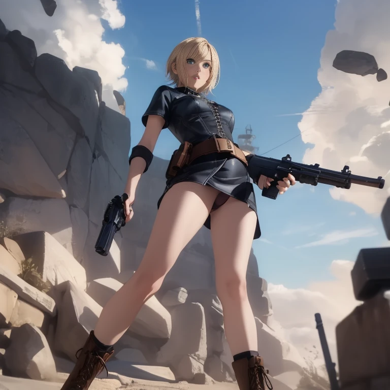 ayabrea, best quality ,8k,from below,kawaii, thick thighs,  blue eyes,white panties,30yo, Short blonde hair,blue eyes, horrified,clothes,panty shot,blush, (((gun holster))),blue denim jacket,((((black high socks)))), v neck, (((black bodycon dress))), belt,(brown lace up boots),((sneak peek of socks))