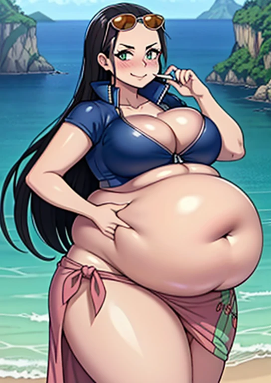 art by kipteitei, 1girl, nico robin, aqua eyes, black hair, , cleavagd mouth, collared jacket, cowboy shot, crop top, cropped jacket, eyewear on top of head, hair slicked back, hand up, high collar, jacket, big breasts, looking at viewer, midriff, fat belly, round belly, soft belly, thick thighs, navel, plunging neckline, pose, sarong, short sleeves, smile, solo, standing , stomach, sunglasses, very long hair, outdoors, sea, ships, chubby, blushing, biting lip, (best quality, masterpiece, 4K, 8k)