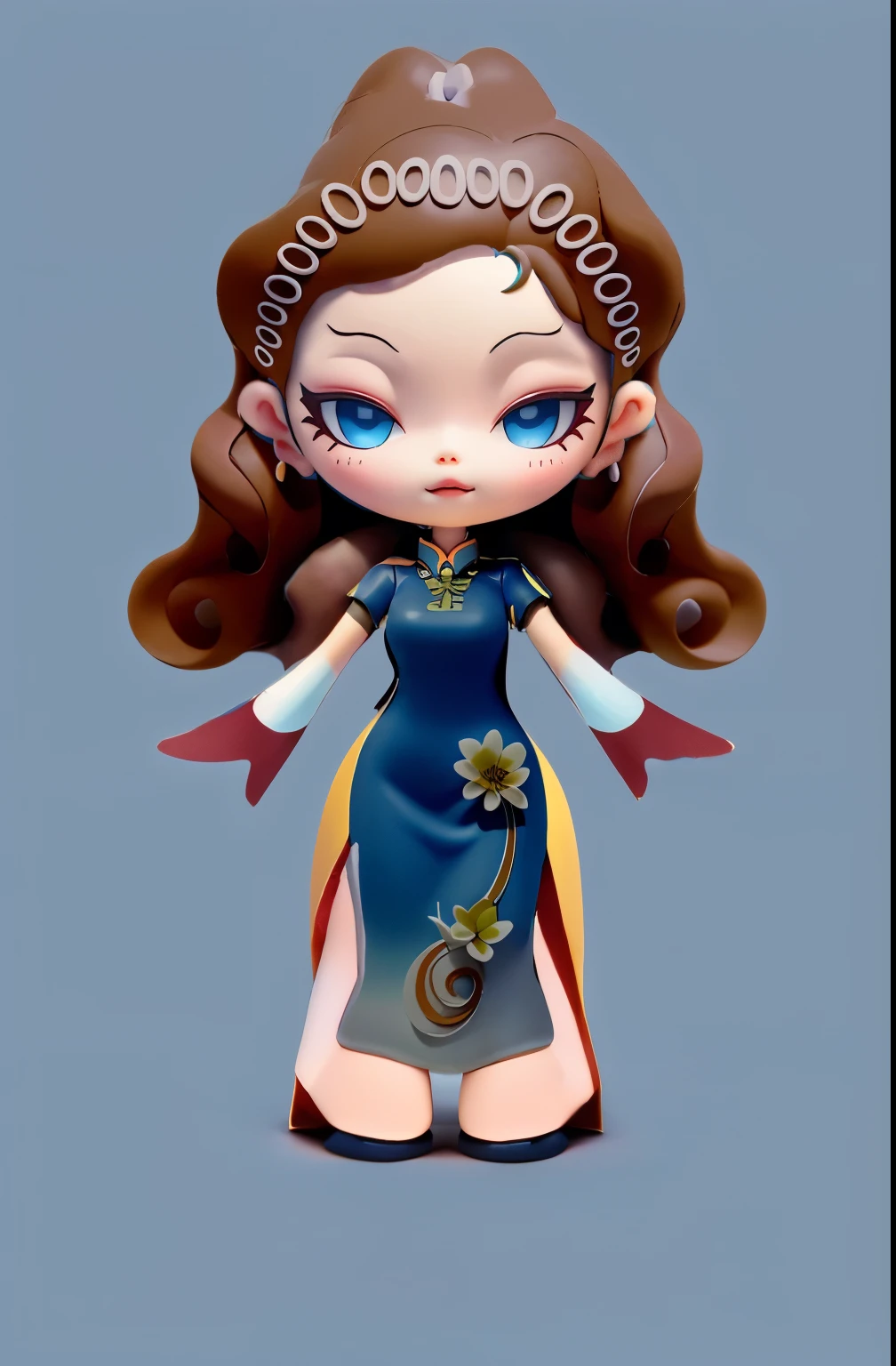 Transition natural colorless block color uniform clean Morandi color matching soft color cute character clay material blind box hand-made style 3d modeling c4d rendering ultra-clear rendering one wearing a blue cheongsam、Cartoon girl with a flower in her hair, Chinese style and trendy gray hair