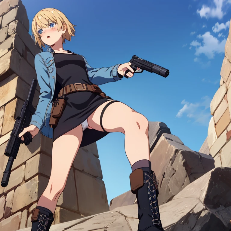 ayabrea, best quality ,8k,from below,kawaii, thick thighs,  blue eyes,white panties,30yo, Short blonde hair,blue eyes, horrified,clothes,panty shot,blush, (((gun holster))),(blue denim jacket),((((black high socks)))), v neck, (((black bodycon dress))), belt,(brown lace up boots),((sneak peek of socks))