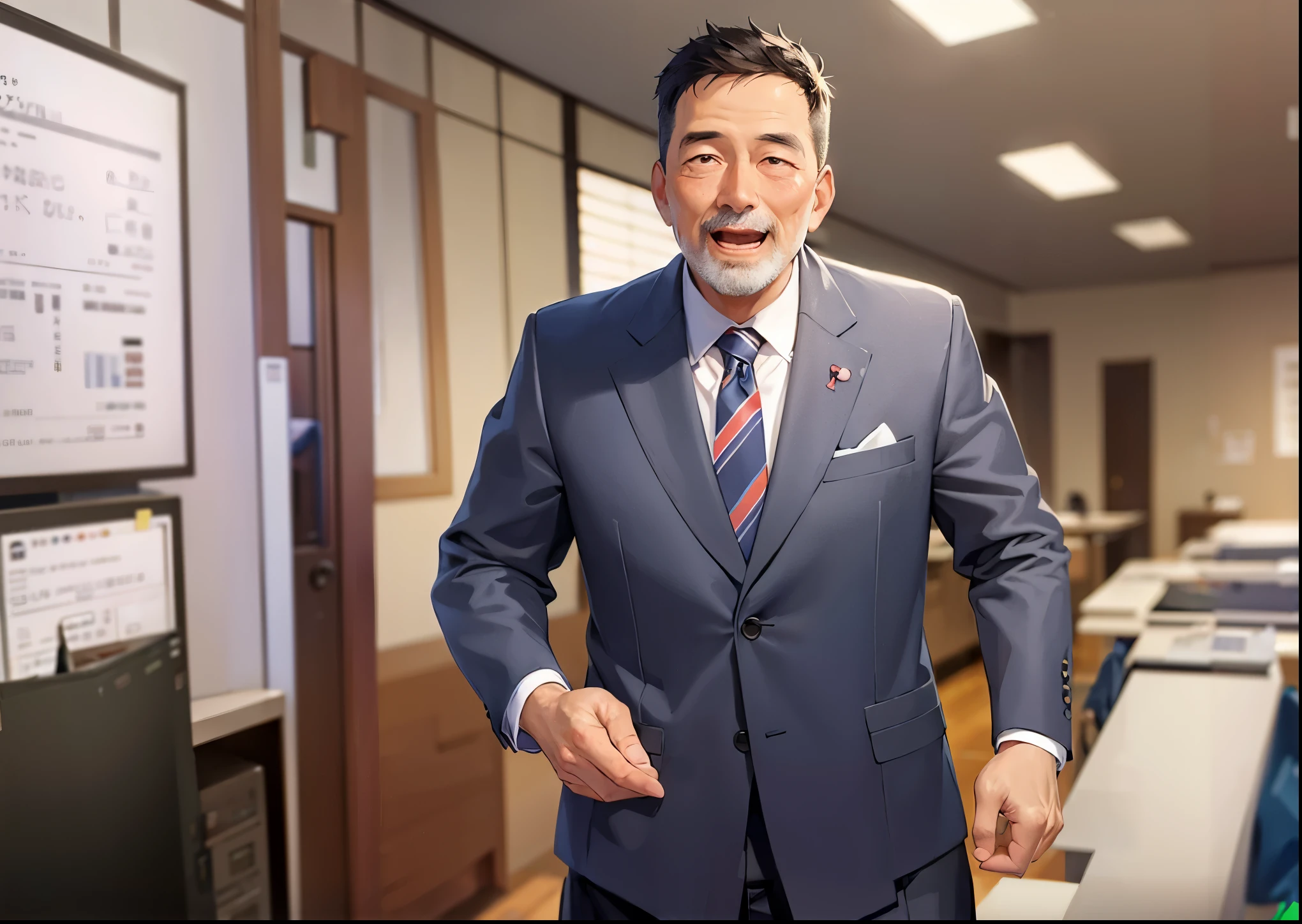 The background is an office、wall