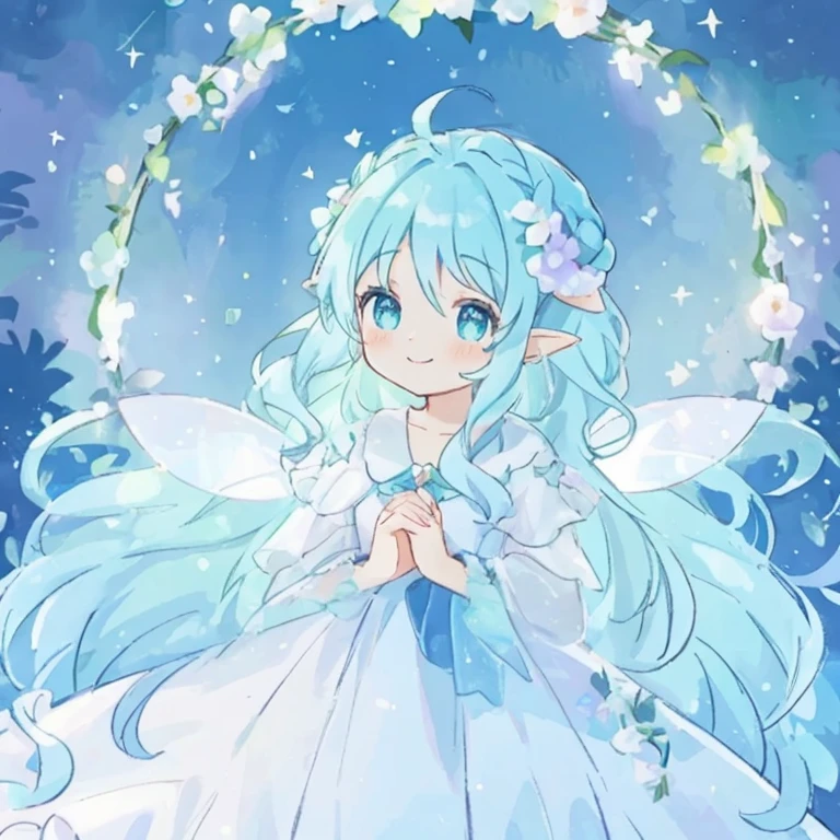 beautiful fairy girl in tiered colorful gradient ballgown dress, gradient sparkling ,A dress with lots of frills、 queen of the fairies, Huge white fairy wings、 Flowers and colorful plants, beautiful, masterpiece, highest quality、gradient hair, light blue hair, floating hair, wavy hair, very long hair, Hair ribbon at the back of the head, pastel wreath on head, aqua eye, long eyelashes, pointed ears, light smile, bright pupils、hold hands as if praying