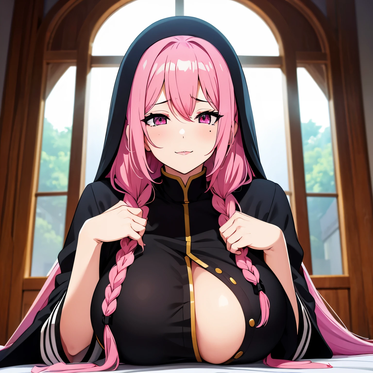 Big breasts Sister Erotic Breasts Praying figure Black sister clothes Lewd Long pink hair Braids Lovely face Mole on the mouth