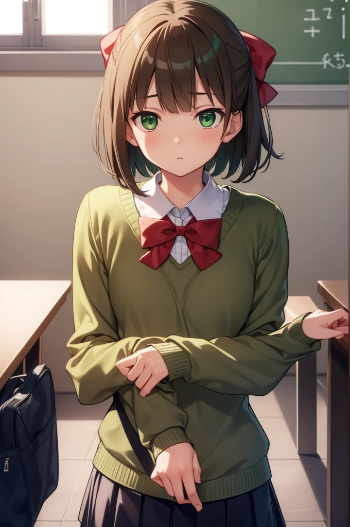 harukaamami, haruka amami, brown hair, (green eyes:1.5), short hair, (hair bow:1.5), hair ribbon, bangs, blunt bangs, (small breast:1.2),
BREAK bag, bow, school uniform, serafuku, skirt, sweater, long sleeves, red bow, blue skirt, grey sweater,
BREAK looking at viewer,
BREAK indoors, classroom,
BREAK (masterpiece:1.2), best quality, high resolution, unity 8k wallpaper, (illustration:0.8), (beautiful detailed eyes:1.6), extremely detailed face, perfect lighting, extremely detailed CG, (perfect hands, perfect anatomy),