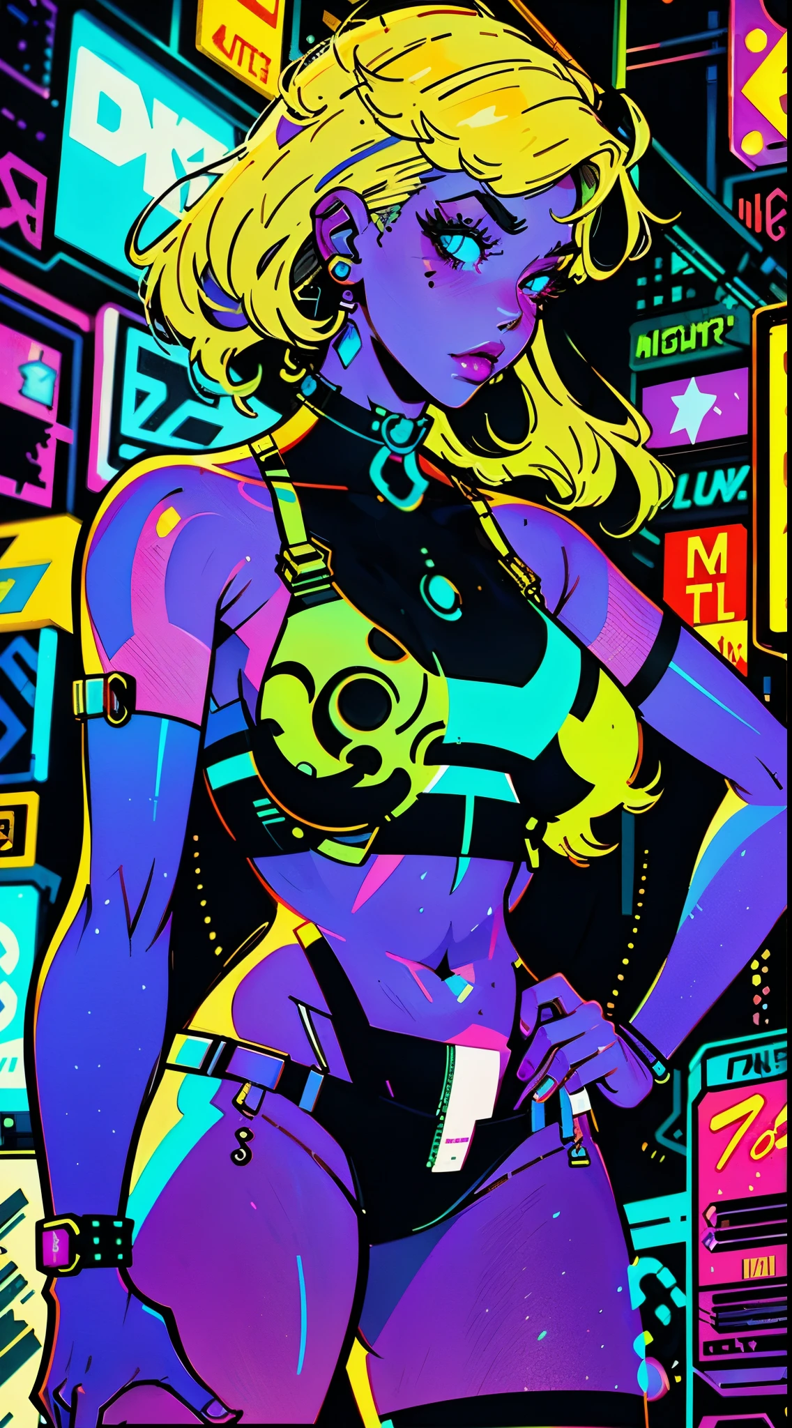 a digital painting of a woman with yellow hair, cyberpunk art by Josan Gonzalez, behance contest winner, afrofuturism, synthwave, neon, glowing neon