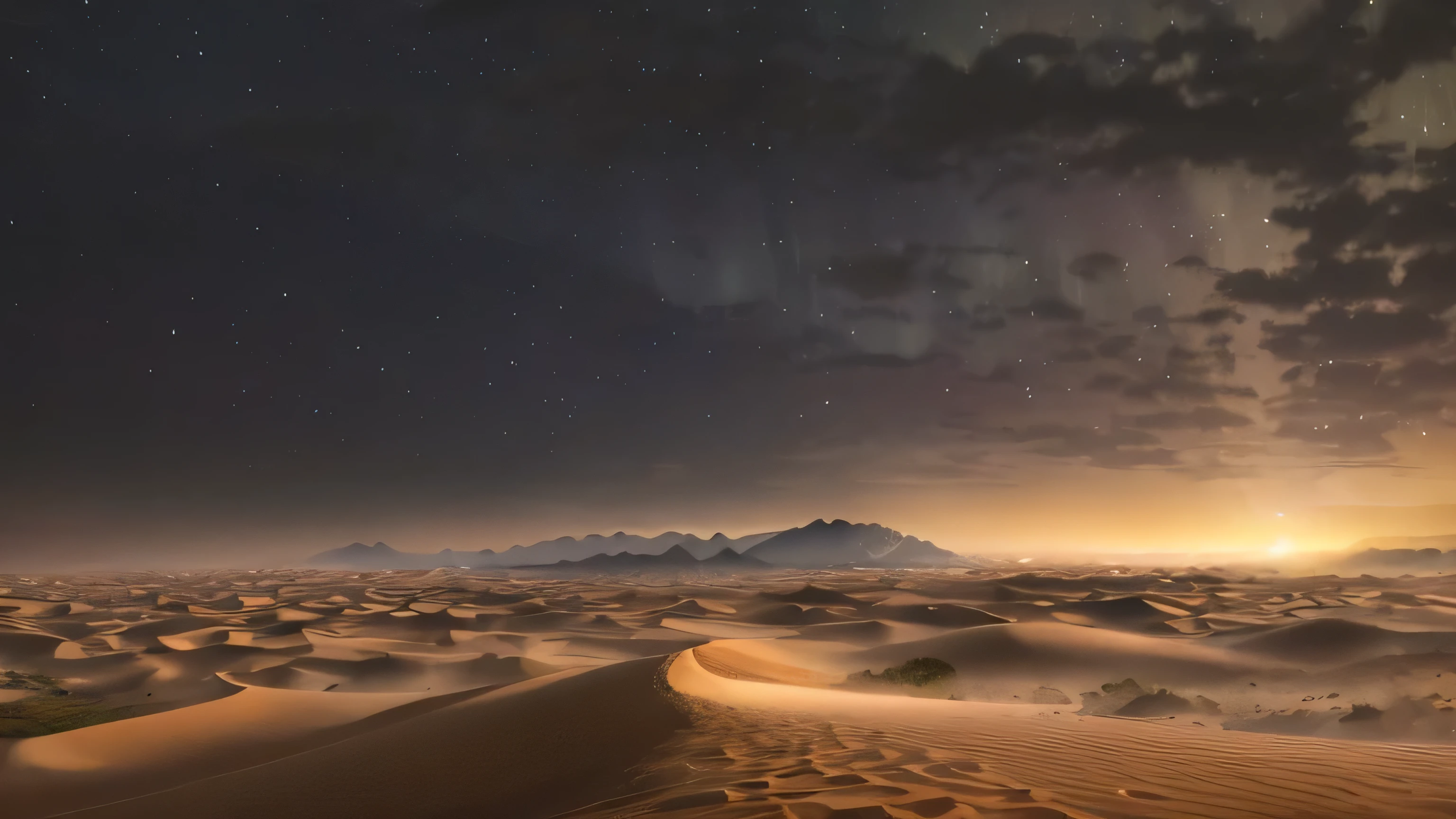 aurora,北aurora,low vanishing point,Low angle viewing angle,look up to,{{{masterpiece}}}、{{best quality、A super detailed illustration、beautiful fine sand}}、{very delicate light}、{nature、}、{{Delicate starry sky、more transparent stars、high quality gravel、Quality mountains、very fine 8KCG wallpaper}}、(desert场景)、((street office))、sunrise、randomly distributed clouds、(desert)、plain、(rain)、((sandstorm)),glowing particles,Low angle viewing angle,Road,Low angle viewing angle,low vanishing point