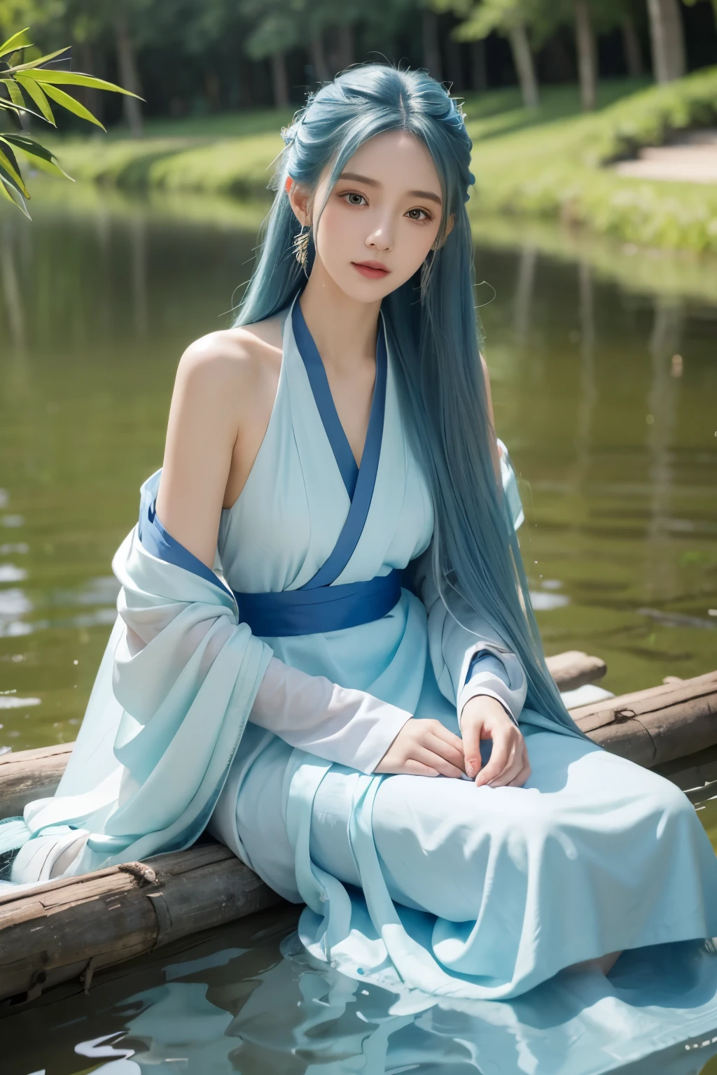masterpiece, best quality, official art, 8k wallpaper, Very detailed, illustration, 1 girl, sky blue hair, long hair, delicate eyes, Forrest Gump, bare shoulders, hanfu, lake, pure, gentle smile, bamboo, Tea