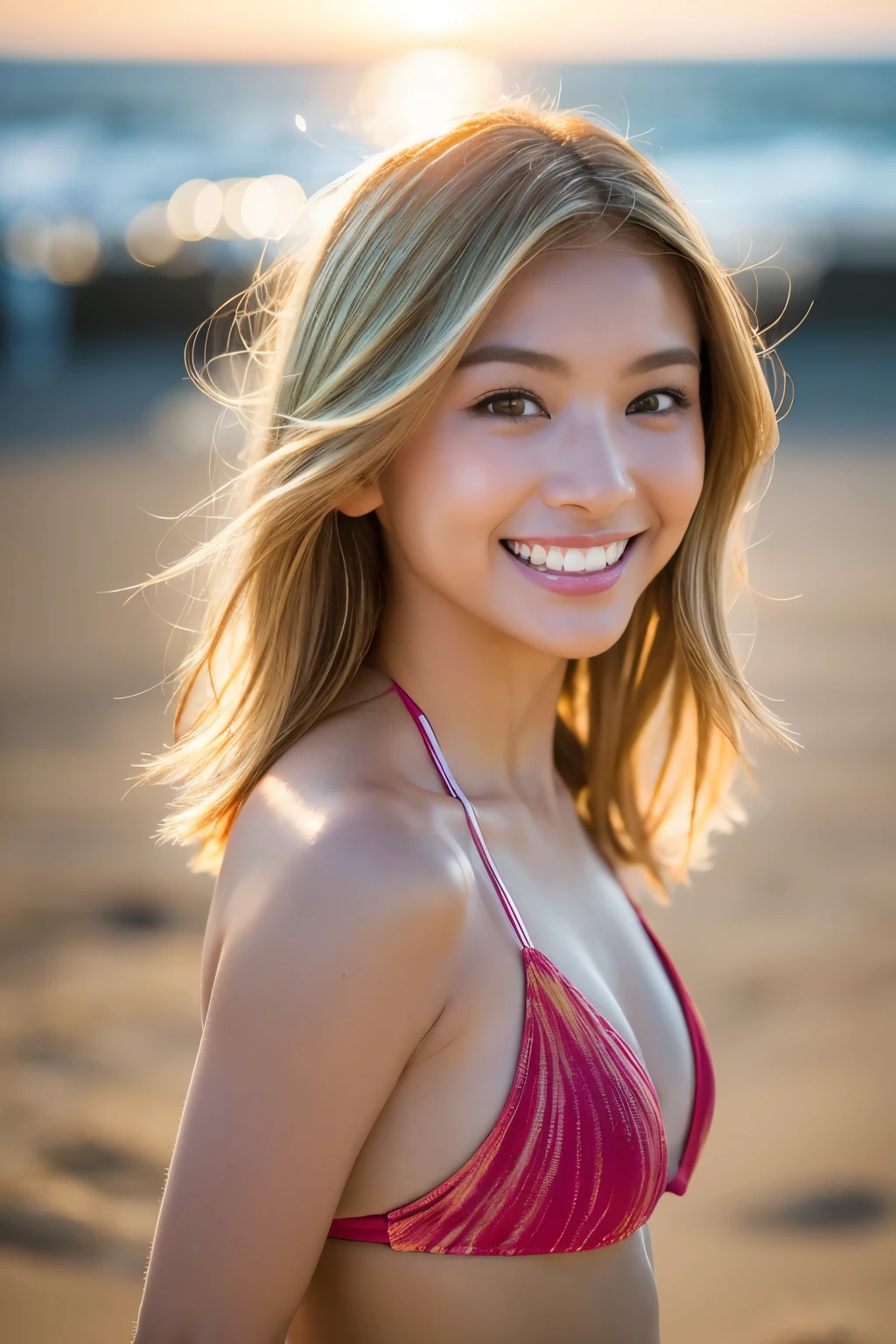 highest quality, 8K, masterpiece, woman, laughter, look at the audience, sharp focus, Light beige hair color, bob cut, messy hair, highly detailed face、skin、hair texture, detailed eye, double eyelid, 、puberty, (((super micro bikini)))、 ((perfect body)), ((best image quality)), ((time)), ((very delicate and beautiful)), ((Very shallow depth of field)), nffsw, ((incredibly shallow depth of field. familiar with)), (((very delicate and beautiful))), (((Very shallow depth of field))), nffsw, (((incredibly absurd))), (((perfect body))), (((dyes hair blonde )))), (((long hair)))), (((Camera Eye))), (((small))), (((happy best smile))), poor, Own + background, dynamic angle, womanの焦点, {particles of light}, detailed background, ((paul hedley)), soft lighting, (dramatic) sunset), sunset, very beautiful sunset, live action, realistic, top angle, cute smile, (background blur), 18-year-old, skinny, ((Wind)), ((movement ))), ((emotion)), ((colorful)), (()), ((beautiful teeth)), Withering, ocean background、