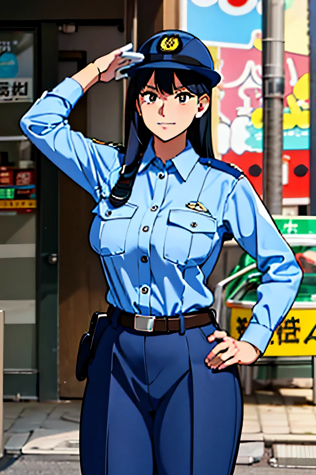 black hair, large breasts,police uniform, light blue shirt, blue pants, breast pocket, best quality, masterpiece,blue cap,black belt,policewoman,jp-police