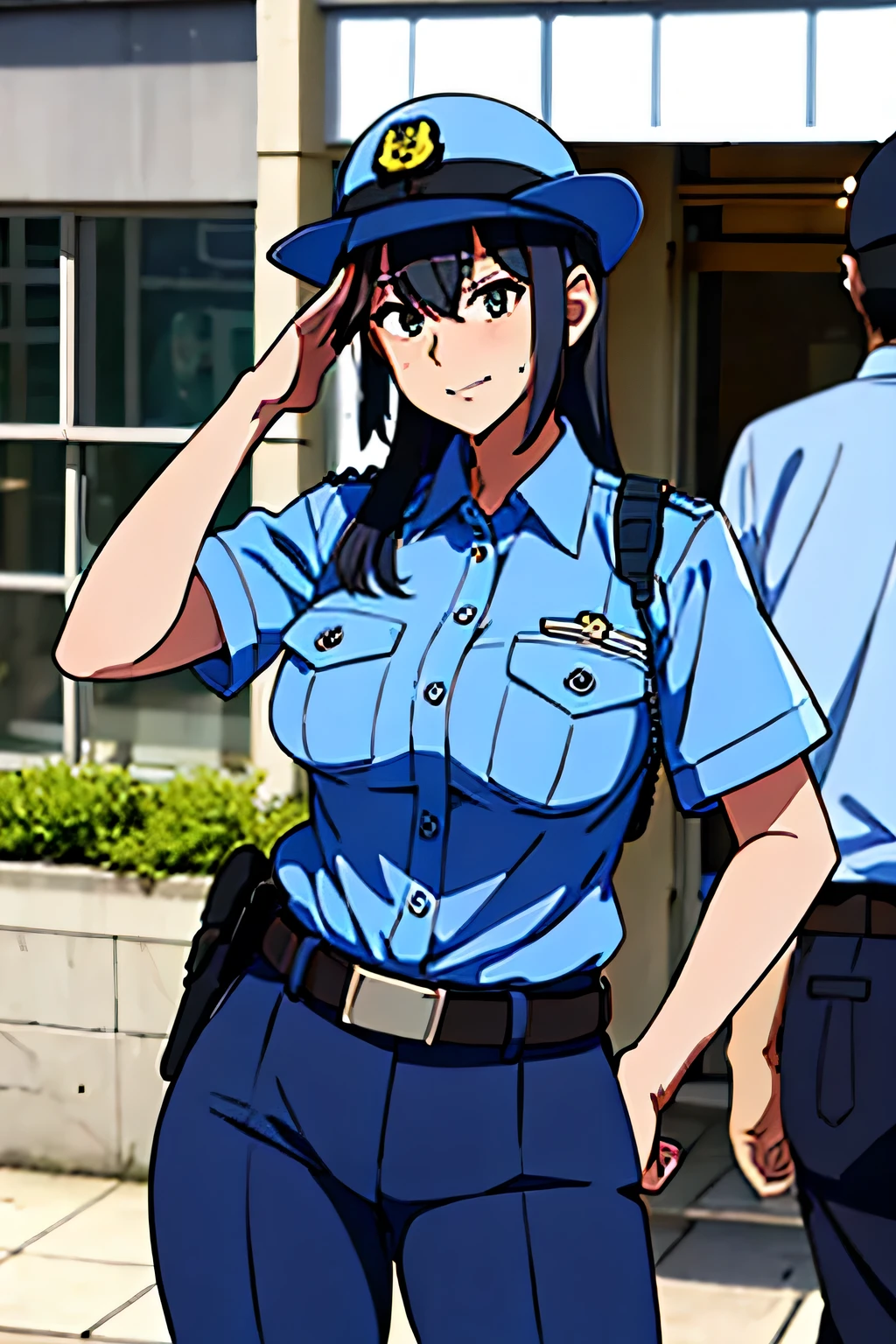 black hair, large breasts,police uniform, light blue shirt, blue pants, breast pocket, best quality, masterpiece,blue cap,black belt,policewoman,jp-police