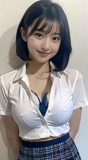Girl lying on bed、Japanese、、smile、Short black hair、brown eyes、perfect body shape、Transparency、luster、luster、big breasts、thin waist、Uniform in disarray、navy blue tie、plaid skirt、white shirt、white underwear、torn skirt、Pull up the skirt with your hands、white bra、(Cleavage coordination)bold pose