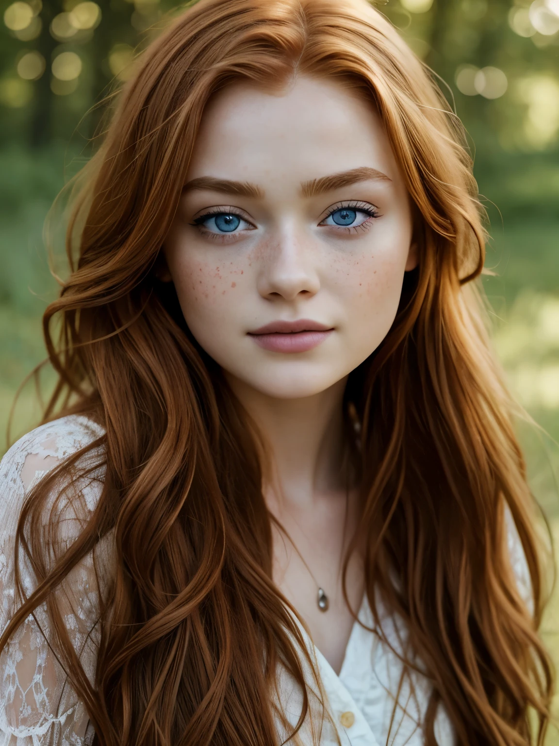 In this stunning UHD, RAW photography session, an award-winning masterpiece comes to life as Sadie Sink, a captivating actress and sexy girl, poses before the camera. Her textured skin is super detailed and high quality, with every pore, freckle, and flaw meticulously captured in crisp, sharp focus using a 35mm lens with an f/0.8 aperture. Luscious locks of rich, auburn hair cascade down her shoulders, framing her strikingly beautiful, blue-eyed face. With a serene expression, Sadie's highly detailed, glossy eyes hold a gentle, inviting smile. Her