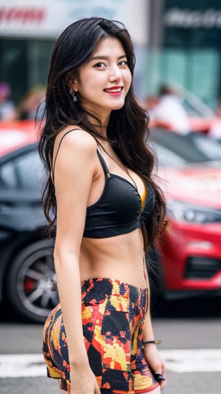 Highly detailed CG Unity 8K wallpaper, highest quality, Super detailed, masterpiece, realistic, photo realistic, Highly detailed cute girl, 25 years old, (whole bodyからつま先まで:1.4)、(whole body)、(whole body to toes)、(shot from the side)、(sitting on the hood of a car)、(lace queen)、(sexy pose),(model pose)、(middle chest)、(Middle butt)、
(Sponsored and wearing grid girl costume'logo is printed.:1.3), (shorts) , (sitting in a motorsport race), (cleavage), smile ,whole bodyショット ,(Side view)、(side shot)、(smile at the camera)、