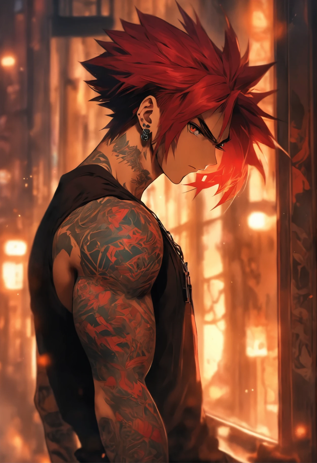 (highres:1.2),1 man, tattooed, 20s, crimson hair, black tank top, window in the background, , moody lighting, detailed facial features, detailed body structure, intense gaze, confident stance, urban setting, contemporary art style, surreal atmosphere, cinematic quality