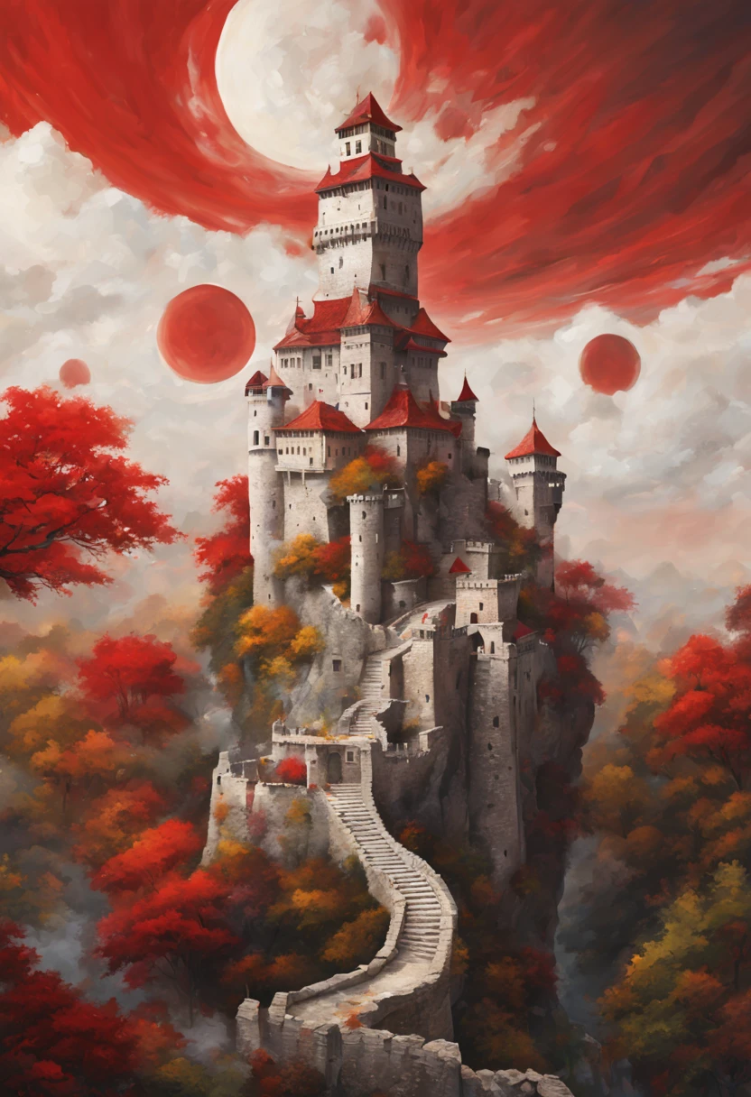 Leaning towers piercing the heavens, white ancient castles, towering, forested corners, rivers, fog, and red moons,