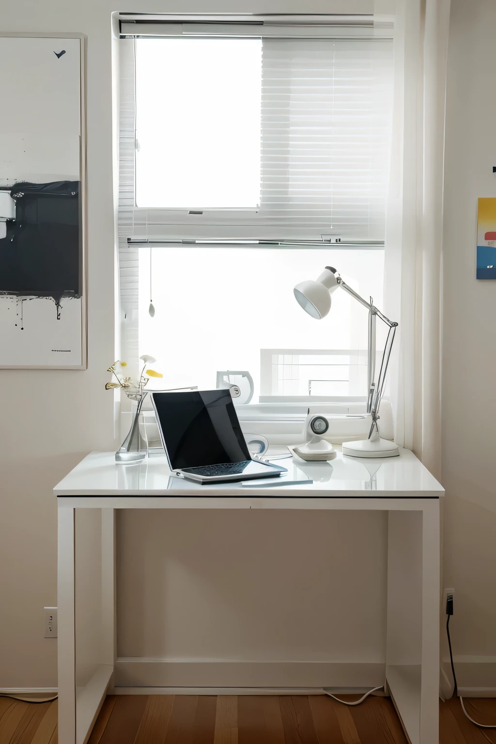 product photo, Use a tablet, Epson printer, Modern high end stylish desktop computer on the table, Towering, minimalist design studio, minimalist contemporary abstract painting, Blinds spread light and shadow, and sunshine.