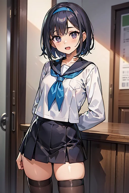 (Highly detailed CG unity 8k), （highest quality），（very detailed），（ultra high resolution）, black hair, High school girl in sailor suit, （navy blue sailor suit）, 2D rendering of anime high school girl, realistic young anime high school girl, Smooth anime 2D CG art, （headband）, smile, purple eyes, small breasts, tall, Straight hair, short bob cut, slanted eyes, （school scenery）, black stockings, ((Super detailed illustrations:1.2)), bright color, High-definition, beautiful well-proportioned woman, open your mouth a little,