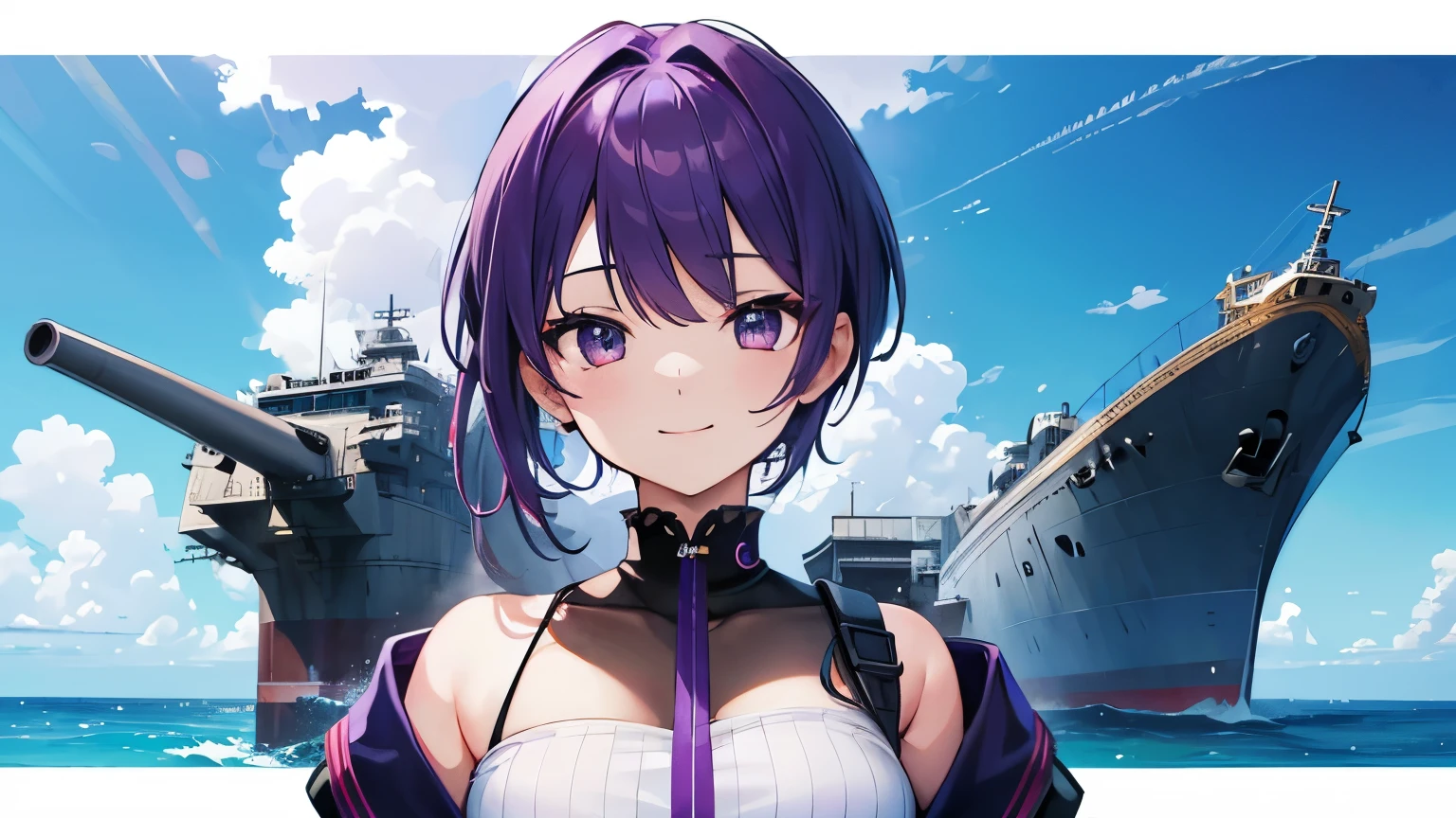 (T Masterpiece，4k wallpaper，best quality))、((girl１people))、(solo)、Brilliant，(purple hair)、(shortcut:1.3)、smile、marine、battleship、Ocean