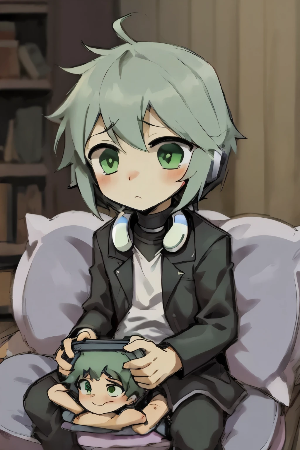 （Dark green hair）（White headphones）（Green eyes）（Half open black jacket）（white shirt）（at home）（sit on cushion）（playing game）（Little boy Shota）（Cartoon）（Highest quality）