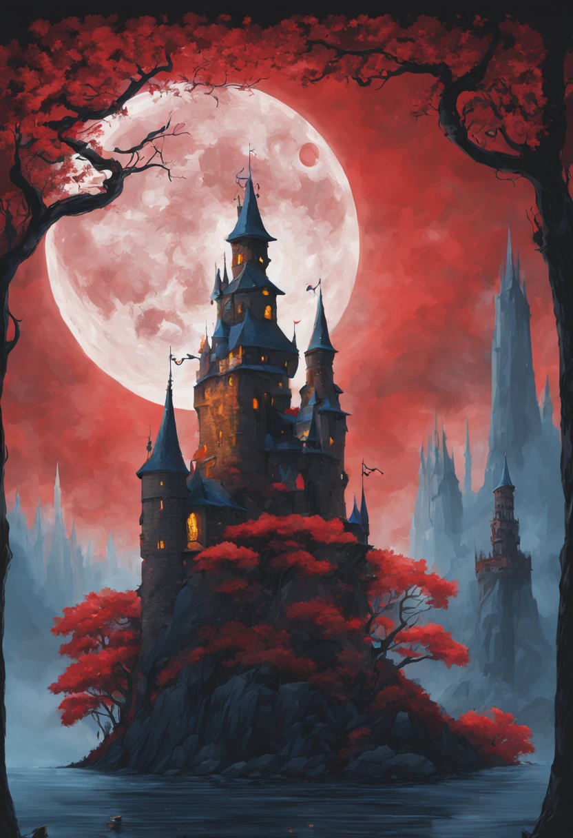 Leaning towers piercing the heavens, an old blue castle, towering high, a corner of a forest, a river, fog, and a red moon,