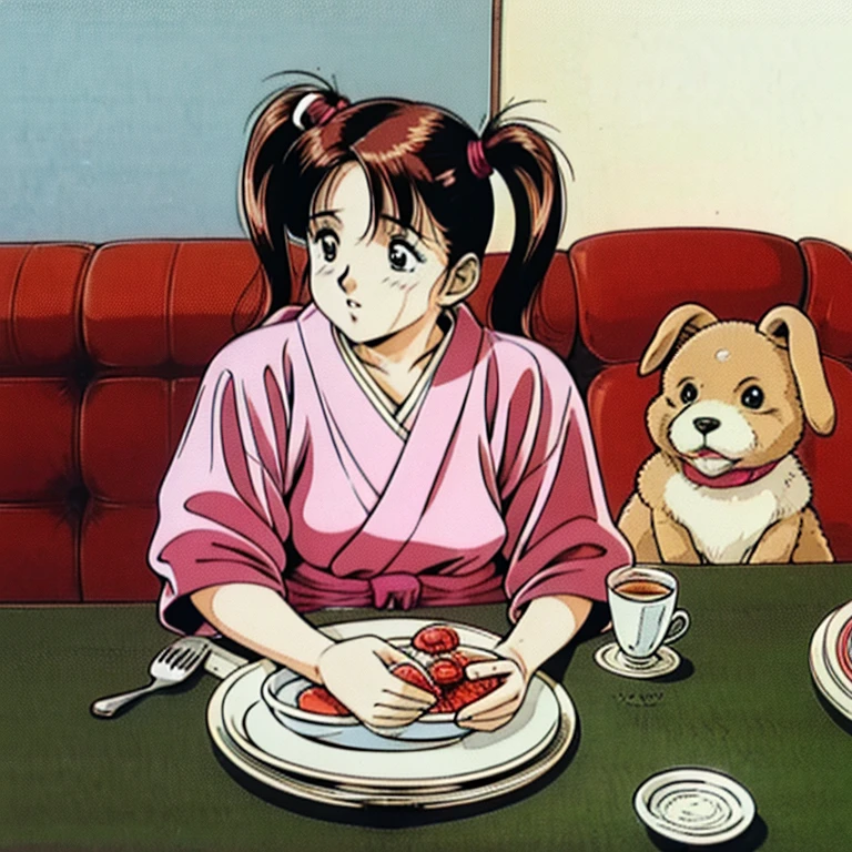Create a 90&#39;s Japanese style logo. A girl with pigtails and red cheeks holds a fork and spoon. Sitting at the dining room table with a brown poodle and a chubby rabbit. The logo background is white. Logo letters say wendy&friends mookrata