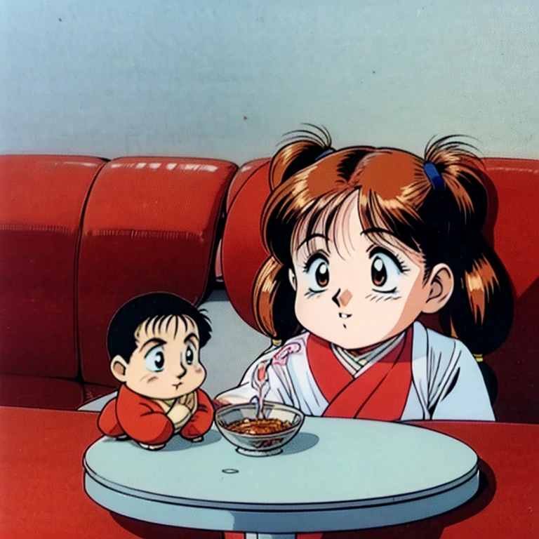 Create a 90's Japanese style logo. A girl with pigtails and red cheeks holds a fork and spoon. Sitting at the dining room table with a brown poodle and a chubby rabbit. The logo background is white. Logo letters say wendy&friends mookrata