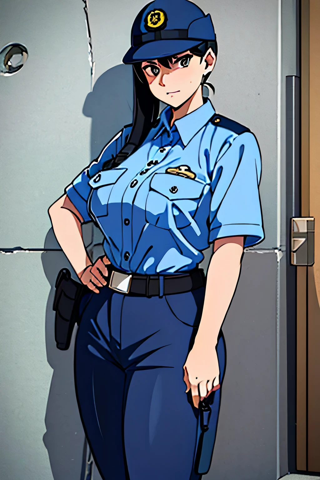 black hair, large breasts,police uniform, light blue shirt, blue pants, breast pocket, best quality, masterpiece,blue cap,black belt,policewoman,jp-police