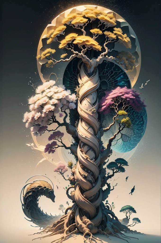 (Evolution of life)、Fibonacci、the golden ratio、melted wax、Visible brush strokes、3D tessellation wireframe、neural graphic、neurons、The Tree of Life、Farbe、tenderness、passion、The ultra -The high-definition、8K UHD、masterpiece