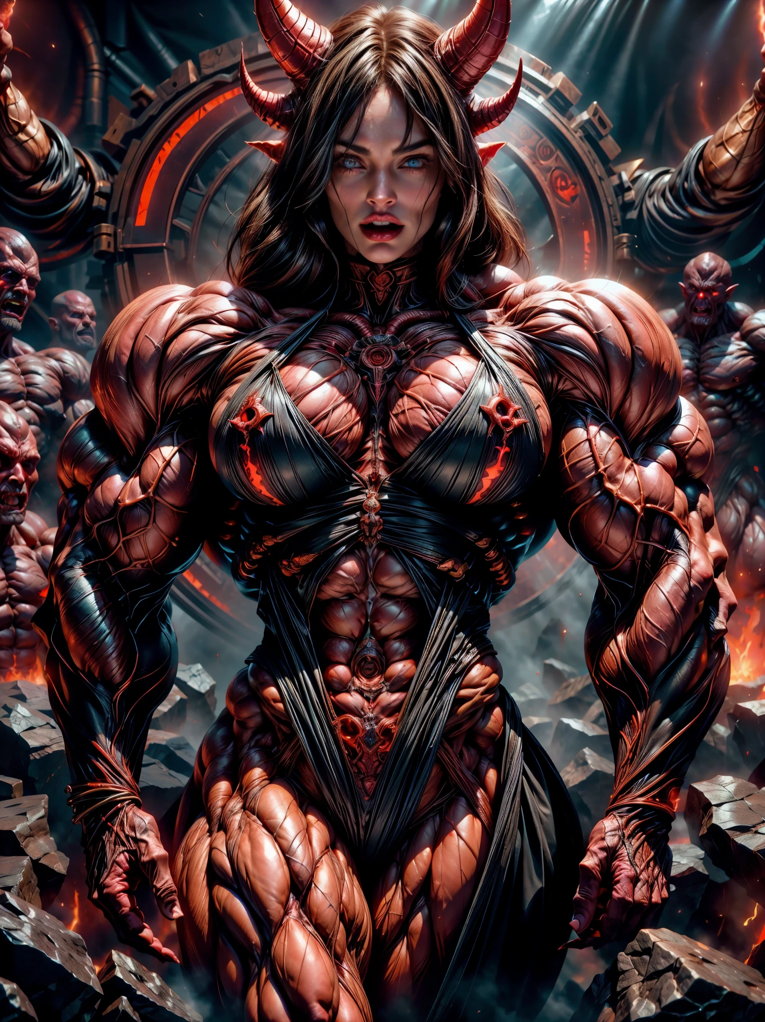 (1 girl), Megan Fox : Evil nude Succubus, Muscular skinless physique, Demon horns, demonic tech muscular bodysuit, an evil red glow emanating from her, diabolic, insidious, Context of the Satanic Church, (8k, RAW photo, photorealistic:1.25), large veiny breasts, perfect hands,