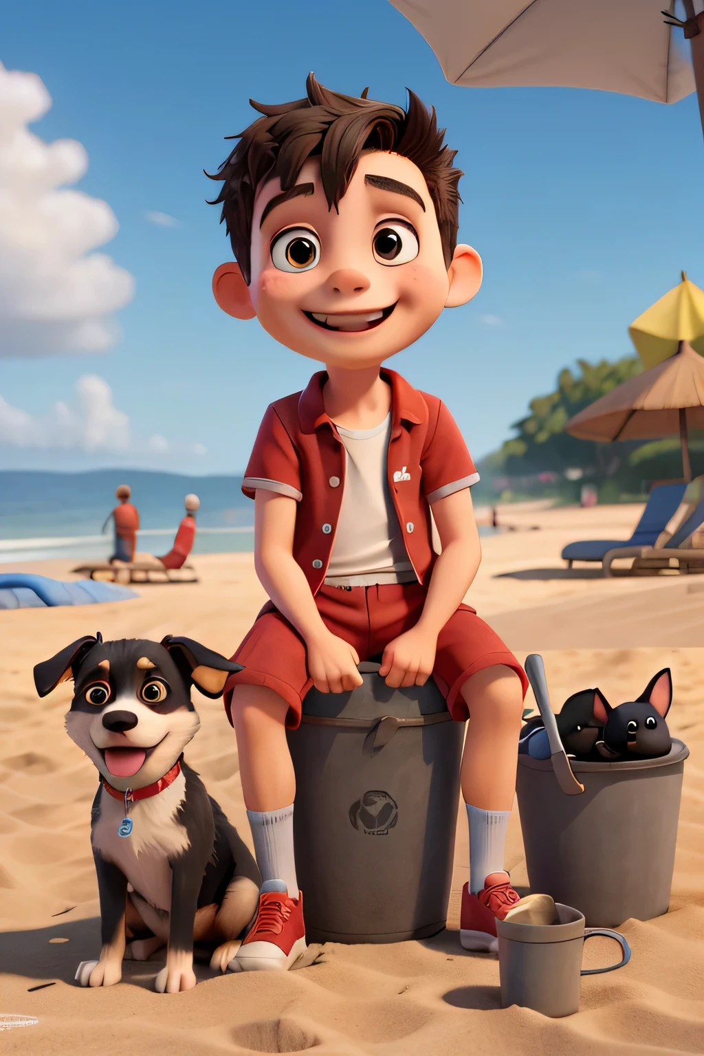 A happy little boy in red shorts sitting on the beach with his little black dog, bucket and spade