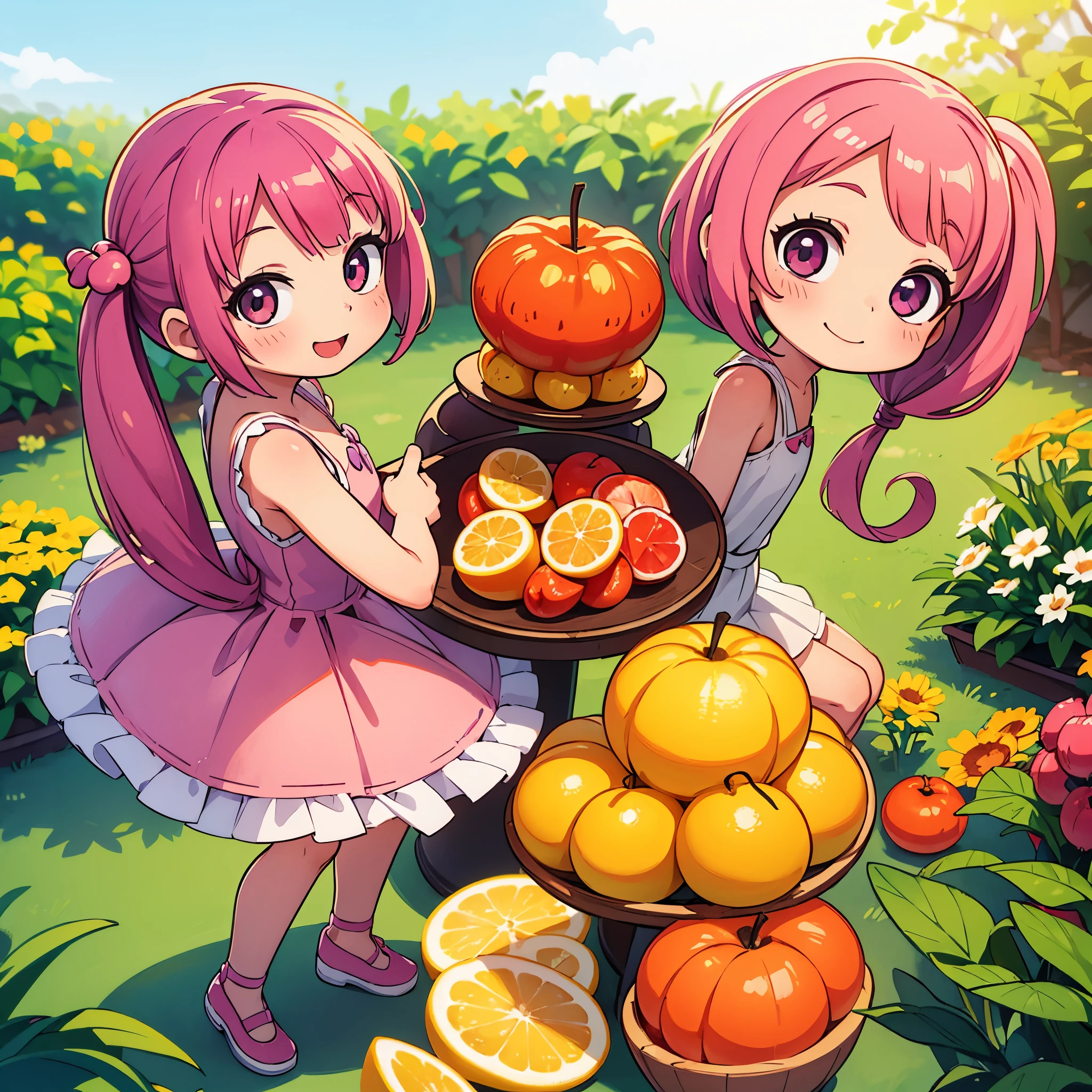 (photorealistic:1.37)、octane rendering、Chibi girl doll in the center of a fruit platter、Girl has twin tail hairstyle and smiles、Bright colors、soft sunlight、playful atmosphere、peaceful environment、detailed texture、Bright colors、cute shoes with accessories、He looks happy