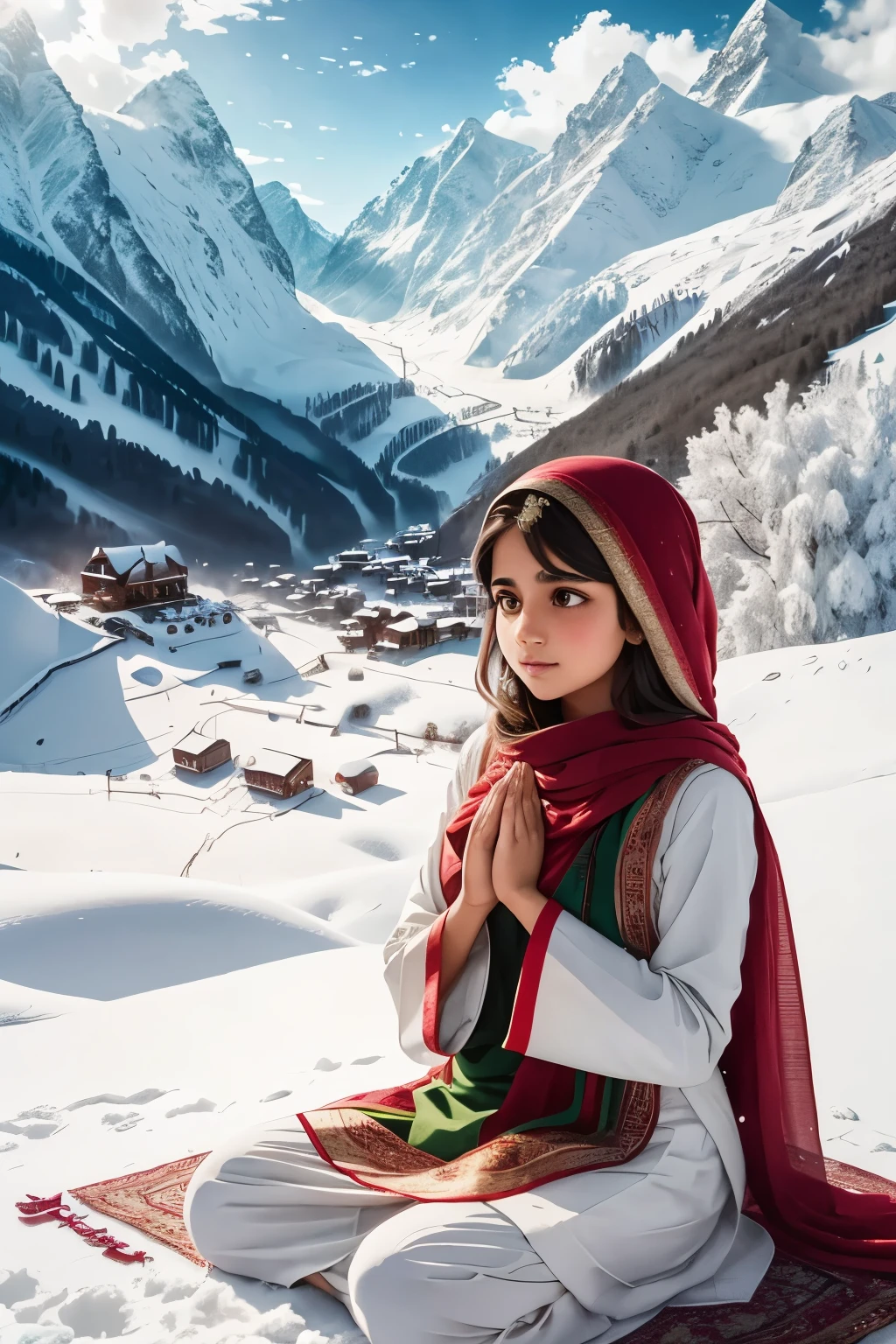 A beautiful Pakistani girl in traditional attire, offering namaz with reverence and grace, is the focus of this exquisitely detailed image. The serene expression on her face is a testament to her deep faith and inner peace. The background is a breathtaking panorama of snow-capped mountains, bathed in soft, warm light that filters through the overcast sky. The clouds add a sense of tranquility and depth, while the little specks of snow on the ground complete the scene's winter wonderland charm. This meticulously crafted masterpiece, filled with vibrant colors and textures, captures the essence of a peaceful and spiritual moment in a Pakistani mountain village