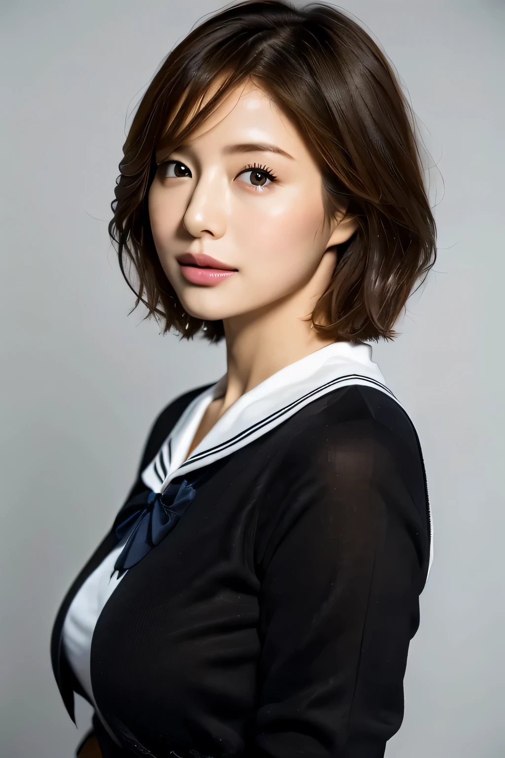 (highest quality,8K,masterpiece,anatomically correct),studio photography,gray background,
Very beautiful Japan girl,lip gloss,
big breasts,
jk uniform,sailor suit,
pixie cut,curly hair,