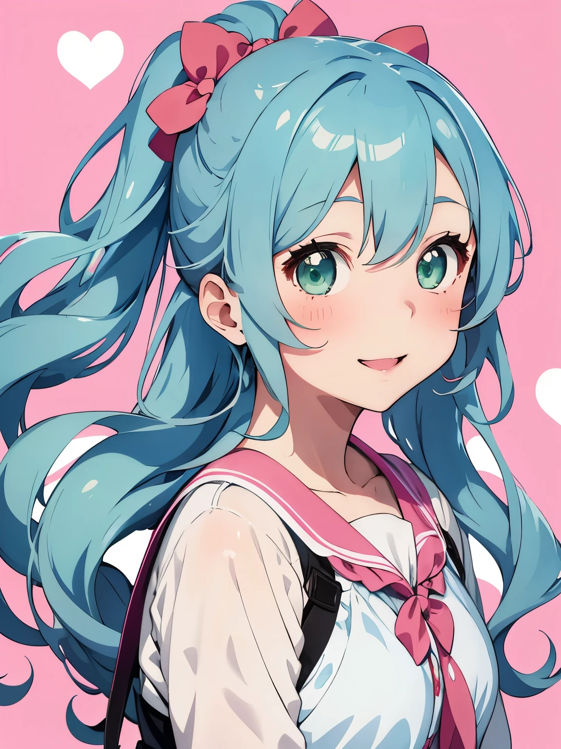 Soft and gentle pattern。anime illustration。Her hair is light blue and has curls.、side ponytail、Big strawberry hair clip in a knot。The hair in the ponytail is permed and fluffy.。Girl with green eyes。her face is cute、Confident smile。Appearance of about 。