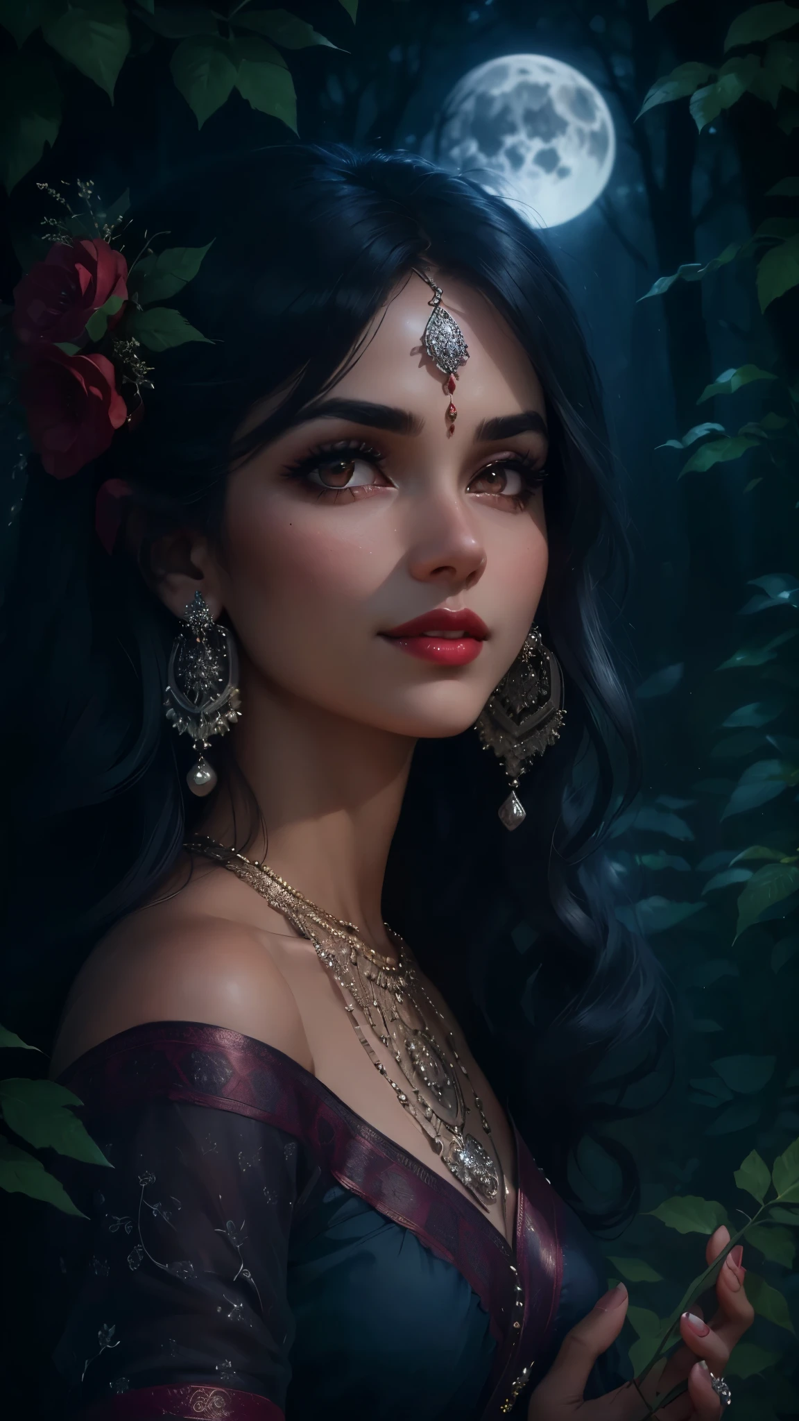 high quality, 8K Ultra HD, paintings with a Victoria Frances-like atmosphere, (holding Deepak), Detailed illustration of a fantastic beautiful woman, (beautiful face), (mature woman), perfect face, perfect eyes, perfect nose, perfect lips, paintings with a mysterious touch, outdoor background, (dark forest background), (night), full moon, awesome full color, smile, (red lips), blush on face, (blush), ((silver eyes)), ((silver hair)), (((wearing a black and white saree))), ((red bindi between the eyebrows)), cinematic blue tone, cinematic colour grading