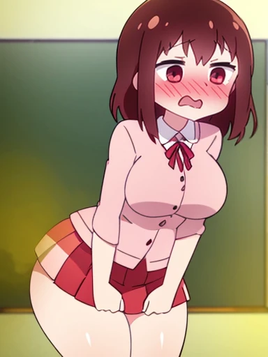 Ebina greens々、1 girl、White uniform、Red-brown skirt、big breasts、fart、Leaning the body forward、feel shy、 blush、school classroom