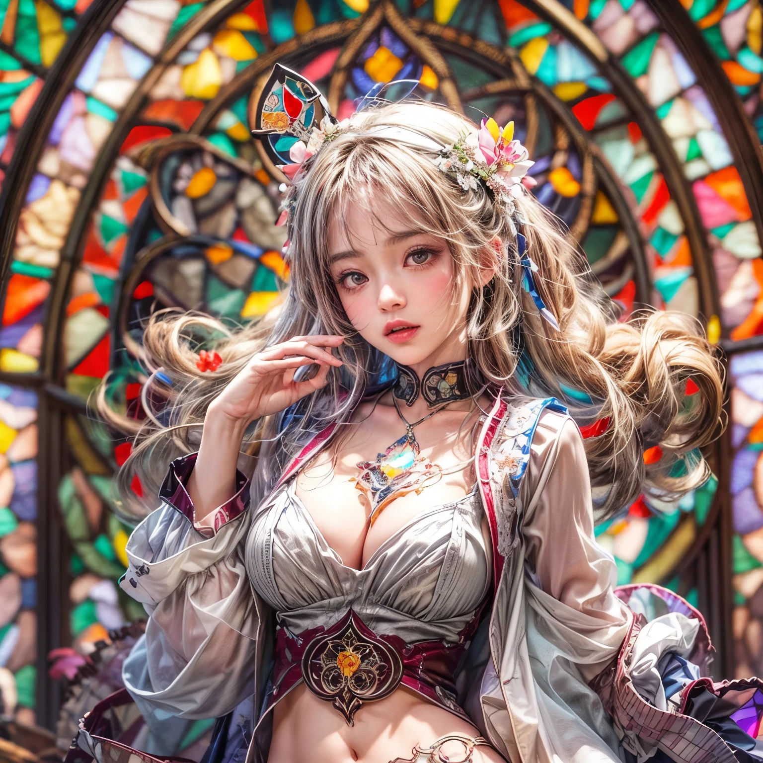 (NSFW:-0.98) . White and Red, (Dazzling colorful light pours down and reflects:1.2), (Physically-based 3D Rendering with incredible detailed Textures), Award-winning Masterpiece of professional Analogue photograpy, { (((Photorealistic:1.37))) | (Hasselblad with F2.8) }, (((Acutance:0.99, Dynamic- Closeup:1.37), { from below | from side } )) . (KAWAII girls in (school uniform)) with visible Overflowing Cleavage and Navel without bra . (((Extremely detailed KAWAII face variations)) with joyful expressions), { Glossy cute Lips Closeup | Detailed natural eyes with sparkling highlights and long eyelashes | Rosy cheeks | Navel | (pretty Ass) | (Overflowing underboob) | Oiled ivory skin Details | White panties with (blood seeping only in crotch area) | ((full of Flowers covering girl's body:1.15)) | (((Dazzling colorful stained glass with stunning elaborate details:1.2))) | Mystic sight | A Halo ling in the air | God rays | Haze | Lens flare | Lens Ghost | Luminescent particles | Halation } . Ultra-detailed, (Exposed:0.8), (((Nipple:-0.9))) .