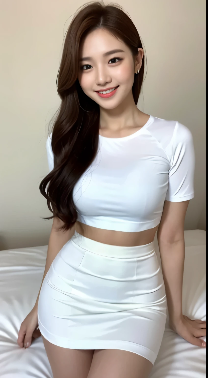 White tight shirt、White tight mini skirt、bed、smile、short sleeve、high resolution、Hallyu Idol Face